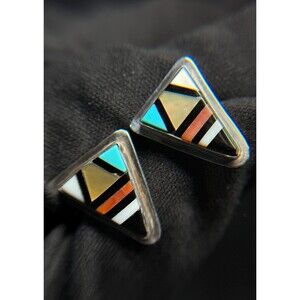 Zuni Sterling Silver Inlay Triangle Stud Earrings Turquoise Coral MOP Onyx